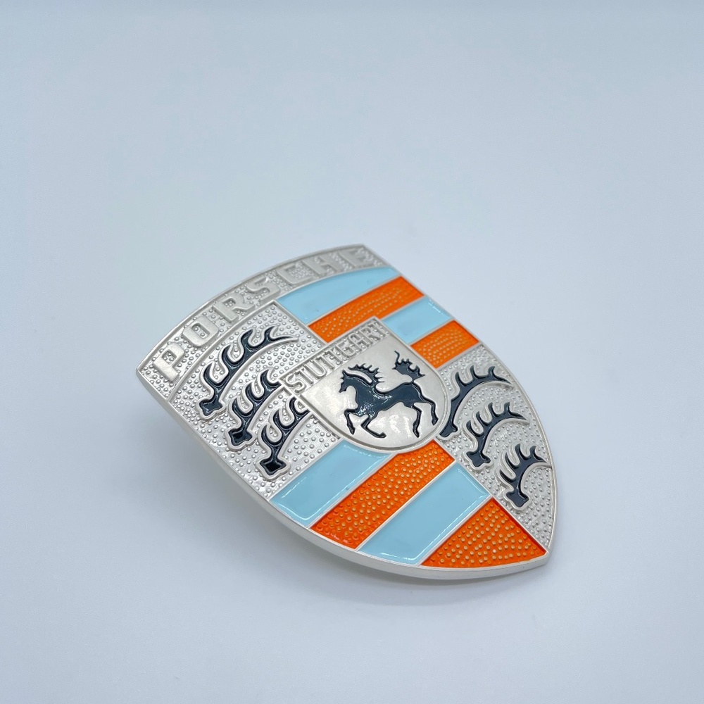 Refinished Hood Crest Emble hand-painted New Metal Emblem GULF blue orange